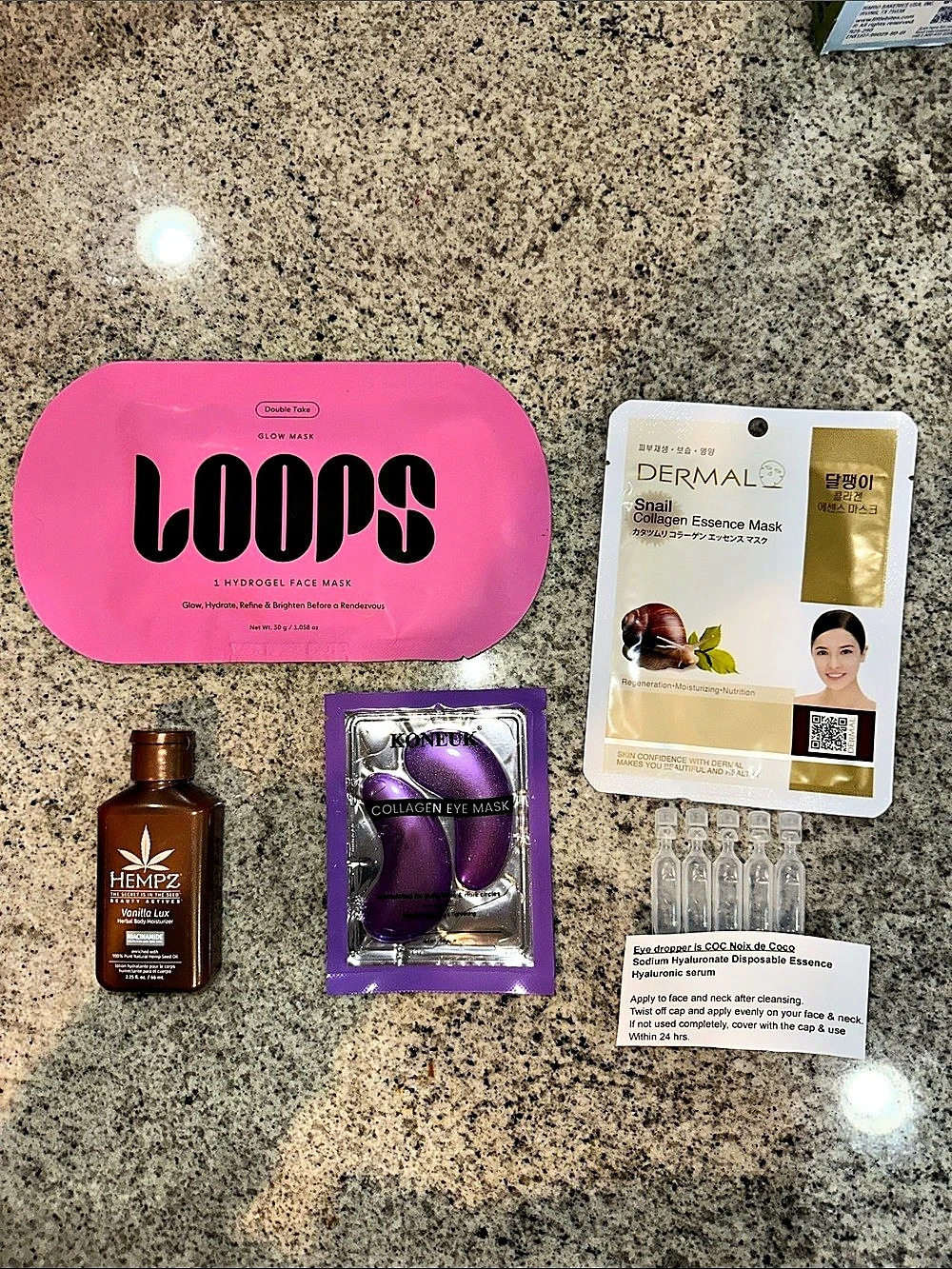 Beauty Bundle- Face & eye masks, Hyaluronic Acid vials, & Hempz Body Lotion NWT